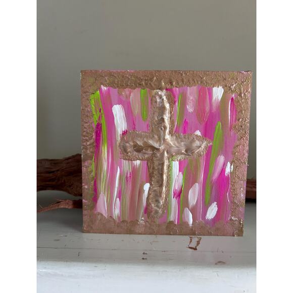 Gold Cross Wood Painting Pink Green Hand Painted Wall Art 5x5 Block Preppy Lilly - Picture 6 of 8